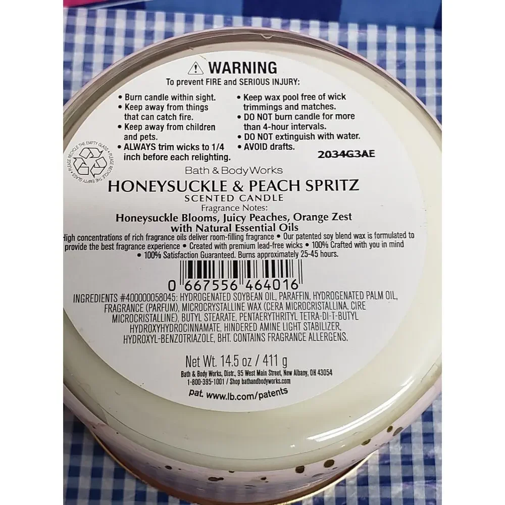 BBW Honeysuckle & Peach Spritz Large 3 Wick Candle Home Fragrance Decor